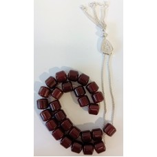 Κομπολόι από ασήμι 925 με χάντρες από κεχριμπάρι φατουράν χρώματος μπορντώ (KOM15)